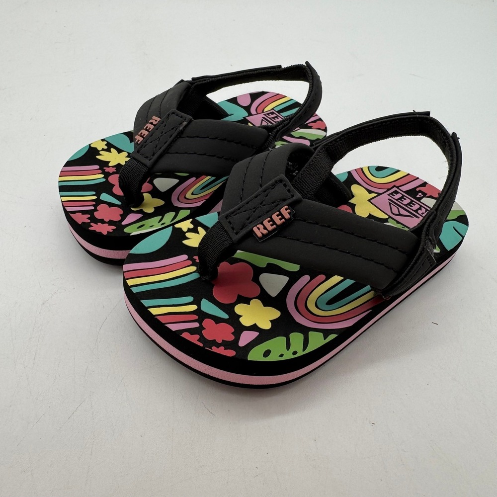 Reef Little Ahi Infant Sandals Black Rainbow Graphic Size 4 Kids Flip Flops